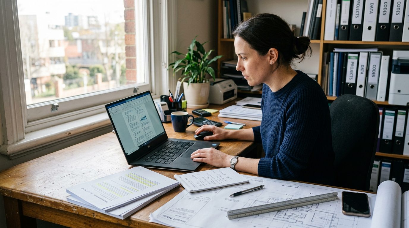 Engineer reviewing an AI-drafted tender proposal on a laptop in an office